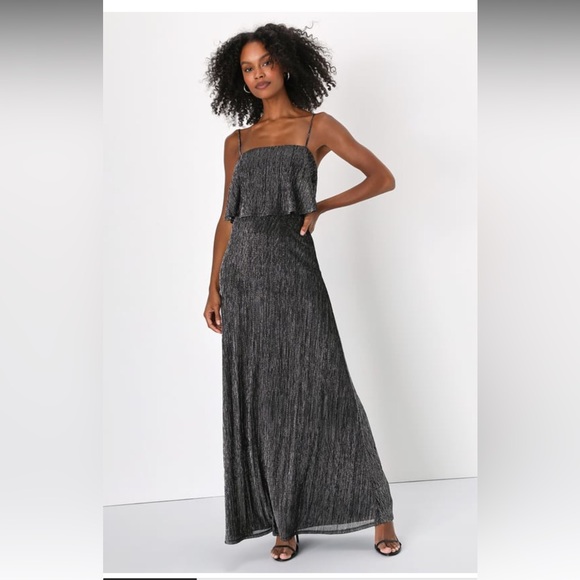 Lulus Elegant Shimmer Shiny Black and Silver Plisse Maxi Dress - Picture 1 of 13